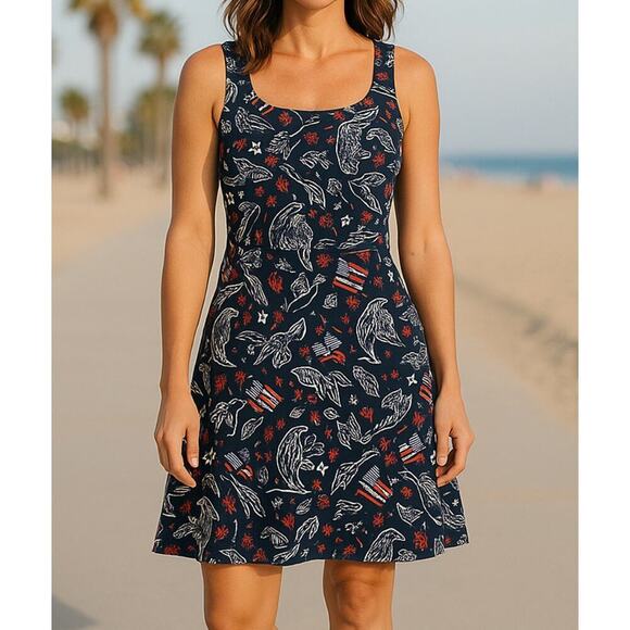 Columbia PFG Moisture Wcking Dress,Patriotic/Fishing Print Womens Small Stretchy - Picture 1 of 7